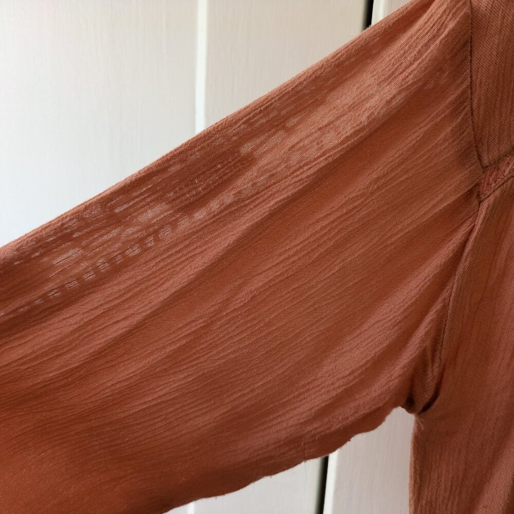 Free People "Katie Bird" Peach Pink Crochet Trim Button-Down Top - Picture 14 of 15